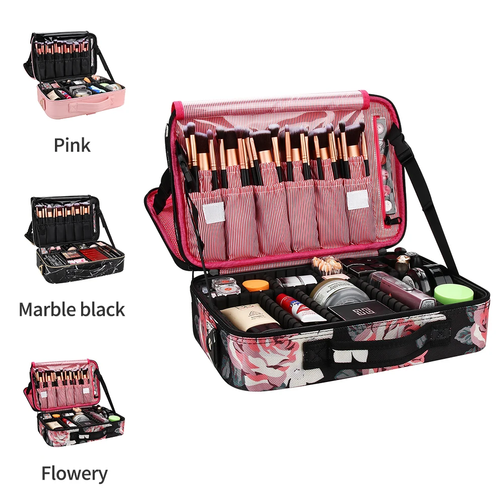 

Dropshipping Relavel Hot Sale Professional 3 Layers Portable Flowery Pattern Travel Makeup Brush Case, Black