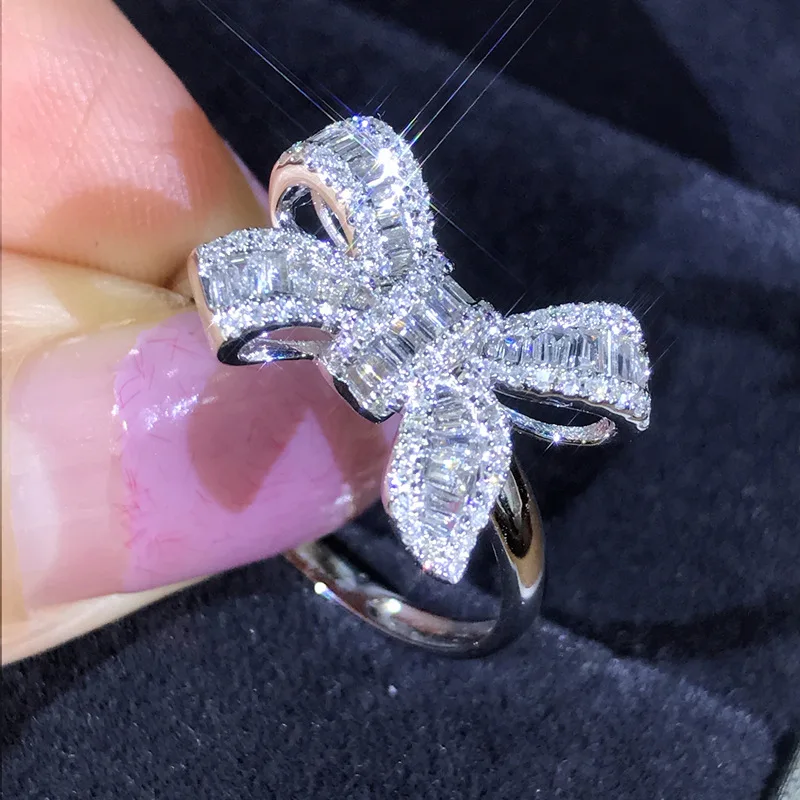 

Luxury White Gold Plating Iced Out Cubic Zirconia Bowknot Wedding Ring Square CZ Bow Bridal Ring for Anniversary Gift