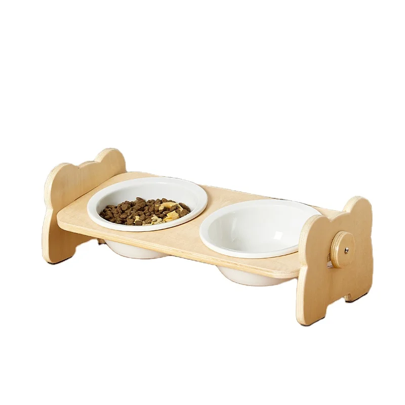 

Cheap Bear shaped wood frame Cat eating and drinking double bowl upgrade