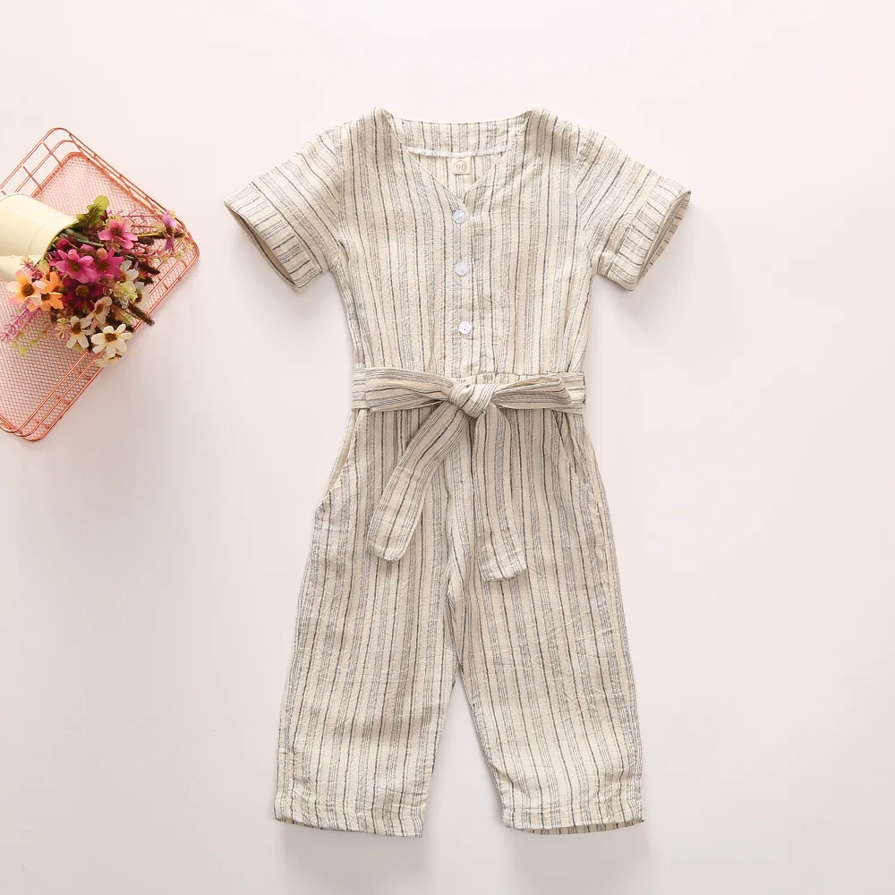 

New Summer Girl Cotton Striped Vertical Collar Short Sleeve Jumpsuit
