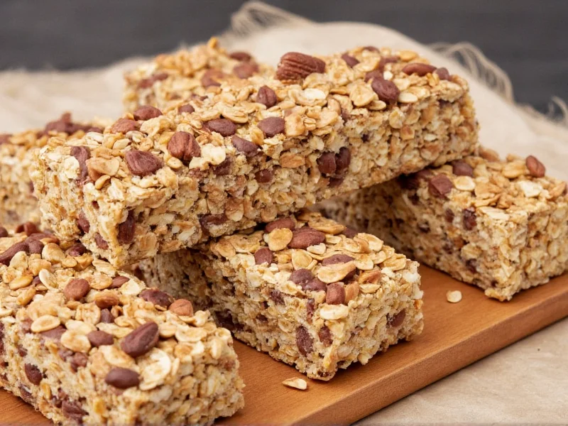 Homemade granola bars with oats and nuts on wooden board
