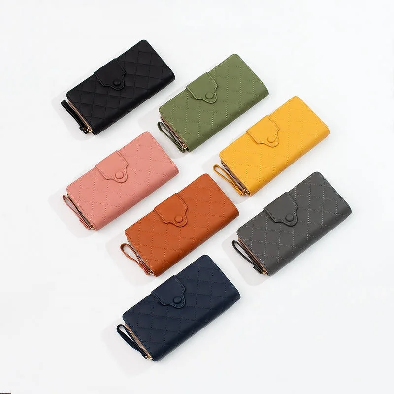 

New Korean Simple Solid Color Wallet Rhombus Multi-card Slot Clutch Large-capacity Zipper Long Coin Purse Wallet For Women, 7 colors