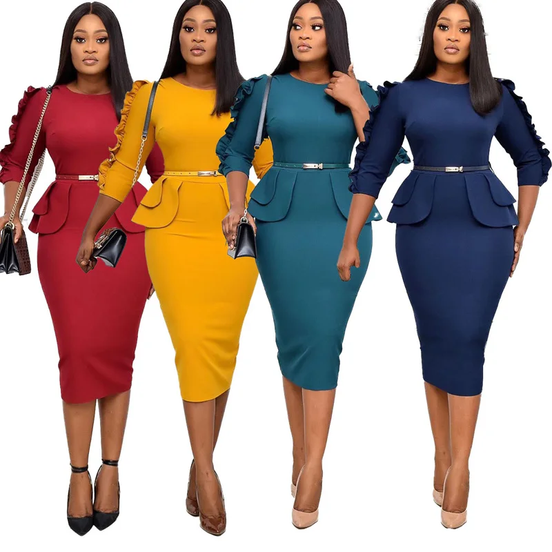 

Women Wear Plain Color Ruffled Working Dress Beautiful Elegant Office Lady Pencil Career Dresses, Yellow, wine red, green, dark blue