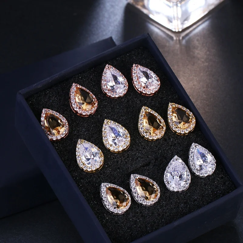 

2021 Trendy Big Cubic Zirconia Stud Earrings For Women Luxury Zircon Small Statement Teardrop Earring Female Wedding Jewelry INS