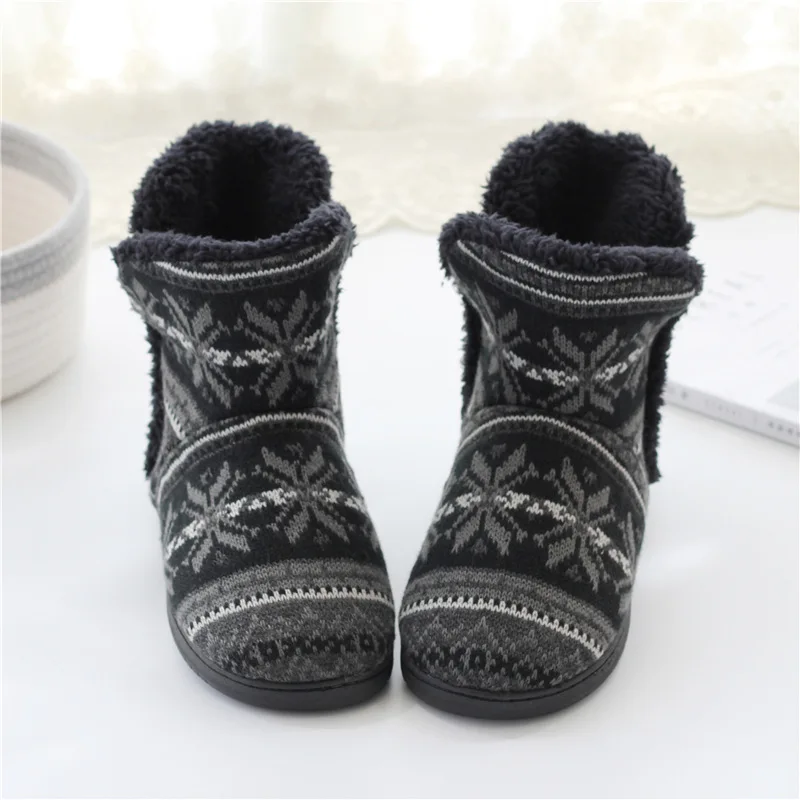 

Winter Men Warm Knitted House Slippers Soft Wool Lining Ankle Snow Boots Non-slip Indoor Shoes