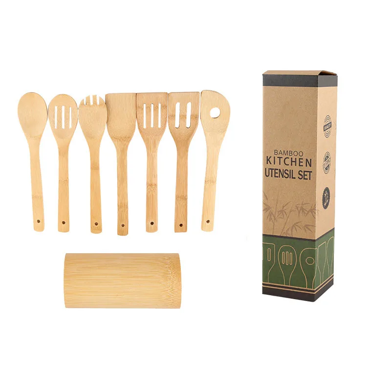 

New Arrivals Bamboo Cook And Serve Set cookingware Reusable Bamboo Cooking Utensils Bamboo Spoon And Spatula, Natural wood color