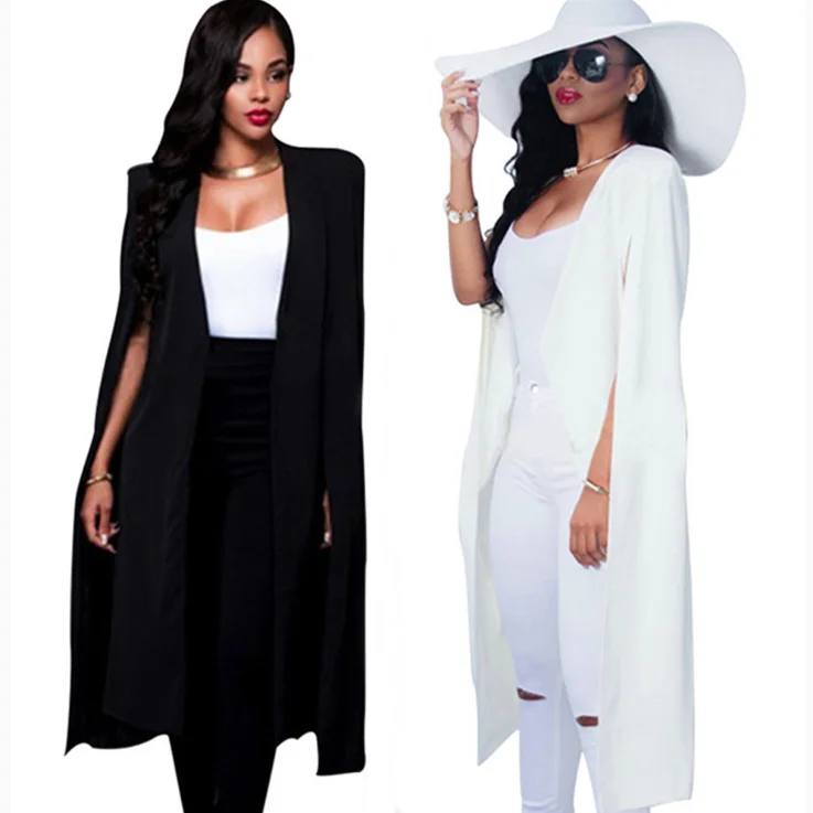 

Women Elegant Blazer Contrast Binding Open Front Cape Long Sleeve Blazer White Black Longline Plain Outer Y11129