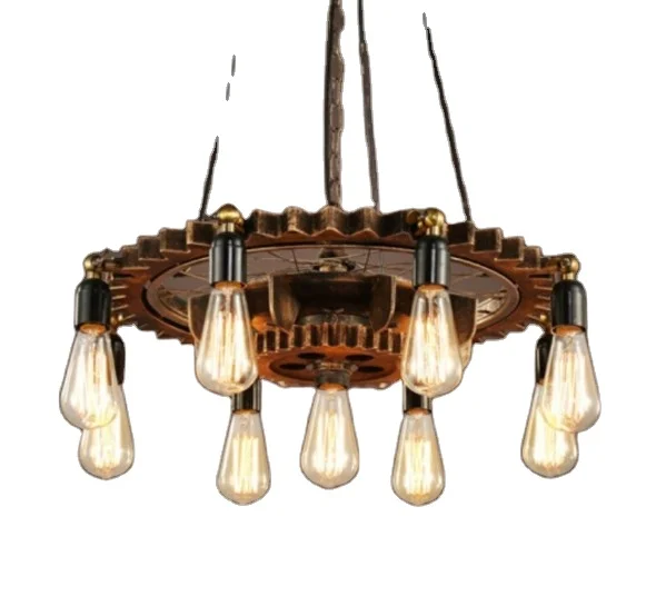 9-heads Pipe Vintage Rustic 7-heads LED Pendant Light Wrought Iron metal antique Industrial Gear wheel Chandelier
