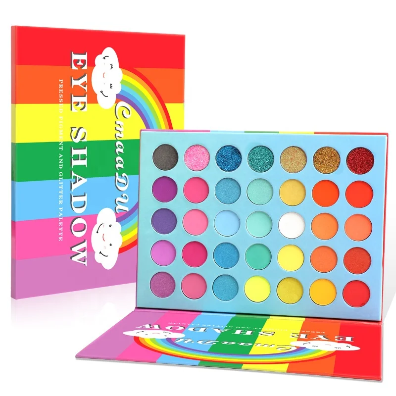 

35 Colors Shiny Rainbow Waterproof Matte Metallic Glitter Powder Pearlescent Bright Shimmer Cheap Long Last Eyeshadow Palette, As picture shown