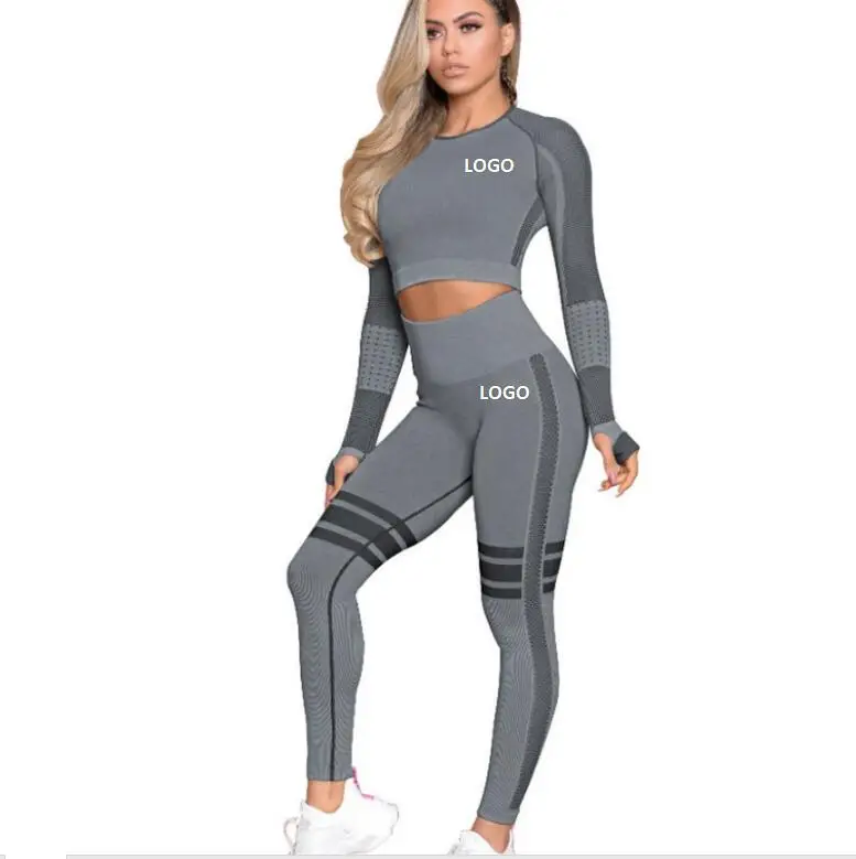 Wholesale Ladies Fitness Yoga Wear Workout Fishnet Long Sleeve Crop Top Seamless High waisted Leggings