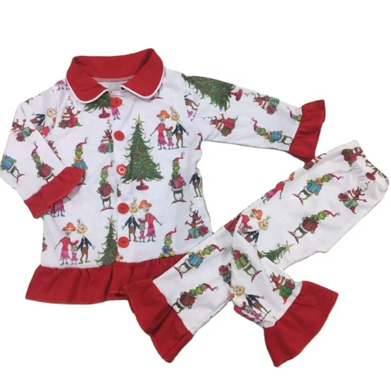 

Hot Sale High Quality Baby Girls And Boys Christmas Cartoon Print Boutique Pajamas Clothing Sets