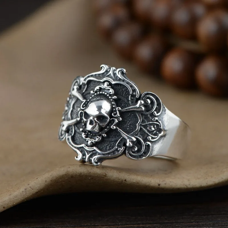 

S925 Silver Retro Thai Silver Index Finger Ring Wholesale Men's Skull Bone Silver Ring