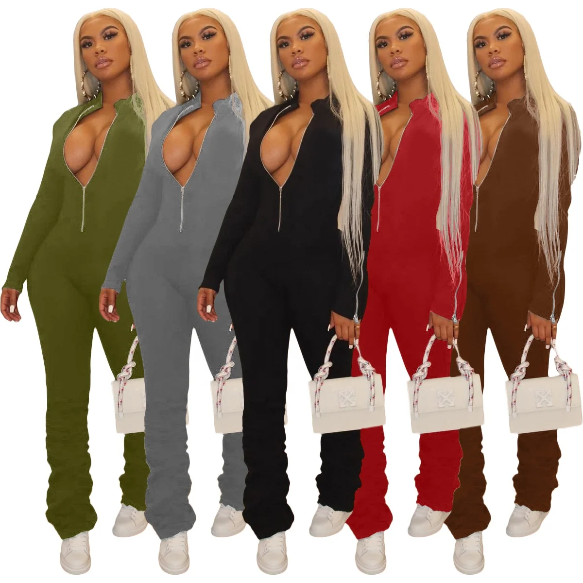 

2021 Pleated Ruched Long Sleeve Sexy Deep V Neck Slit Bodysuit Stacked Leggings Flare Pant Romper Women Jumpsuit, Customized color