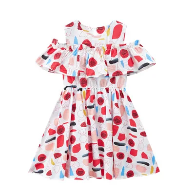 

Summer girl's floral printing dress pure cotton open shoulder lotus leaf edge princess skirt, Red,yellow,blue