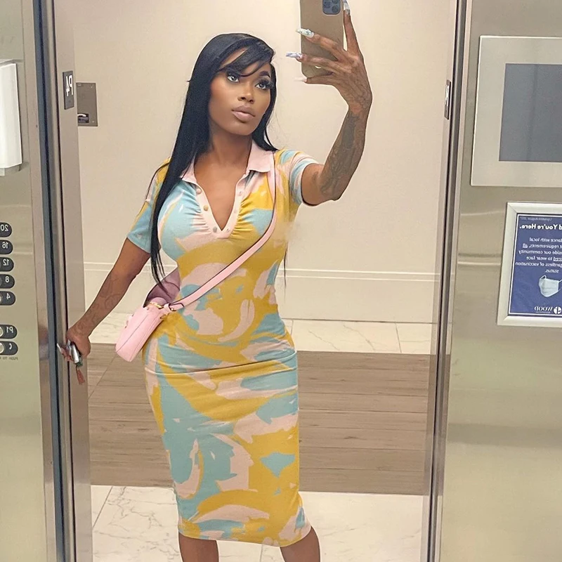 

X21DS534 Fashion Pattern Print Midi Dresses Women Short Sleeve V Neck Streetwear Bodycon Midi Dresses Women Casual