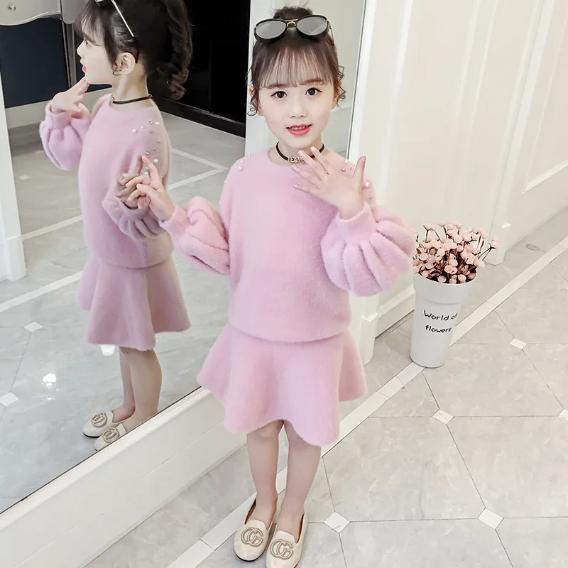 

fashion new children clothing Girls cute thick mink velvet dress suit autumn fashion two piece suit sweater for kids