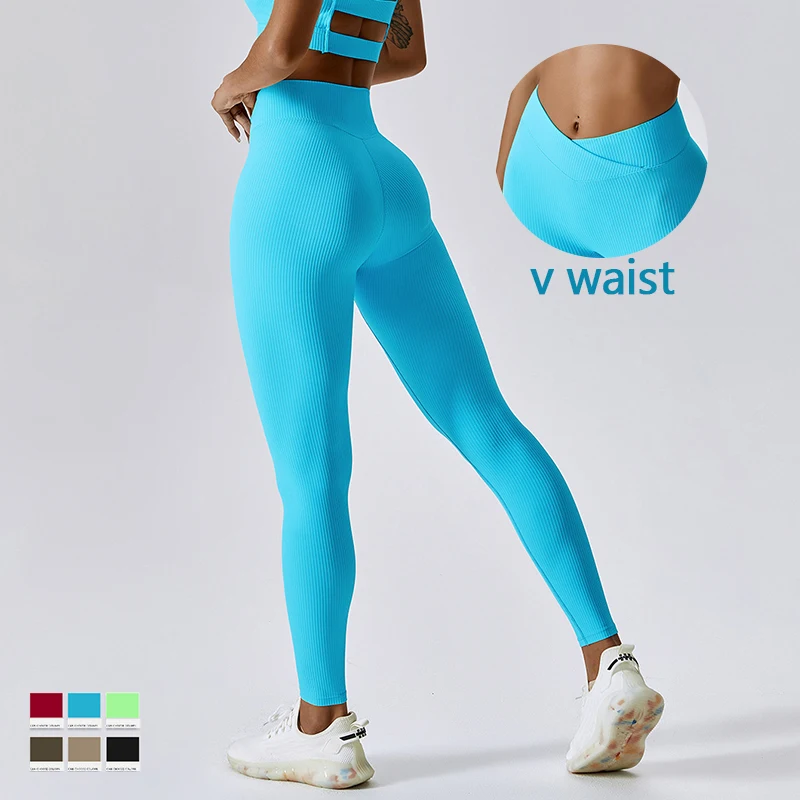 

Ribbed Fitness Tight Women V Waist No Front Line Four Way Stretch Butt Lifting Gym Pants Active Yoga Leggings