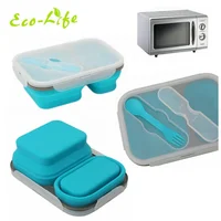 

2 Compartment Silicone Collapsible Airtight Bento Lunch Box with folk spoon