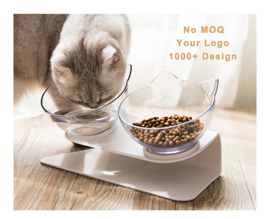 

Hot Sale Protect Cervical Spine Non-slip Easy-cleaning Cat Ears Shape 15 Degree Bevel Cat Feeding Bowl with Holder, Multi colour