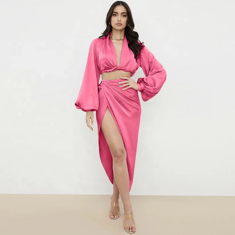 

DM Fall Fashion Long Sleeve Crop Top High Slit Skirt Set Satin Nightclub Sexy Dinner Dress Suit Basic Two Piece Sets for Women
