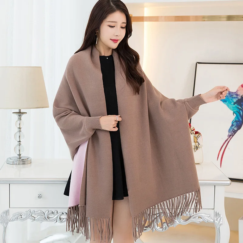 

S M L 100% acrylic Ins scarf autumn winter tassel shawl hollowed out off shoulder long sleeved shawl cape no belt