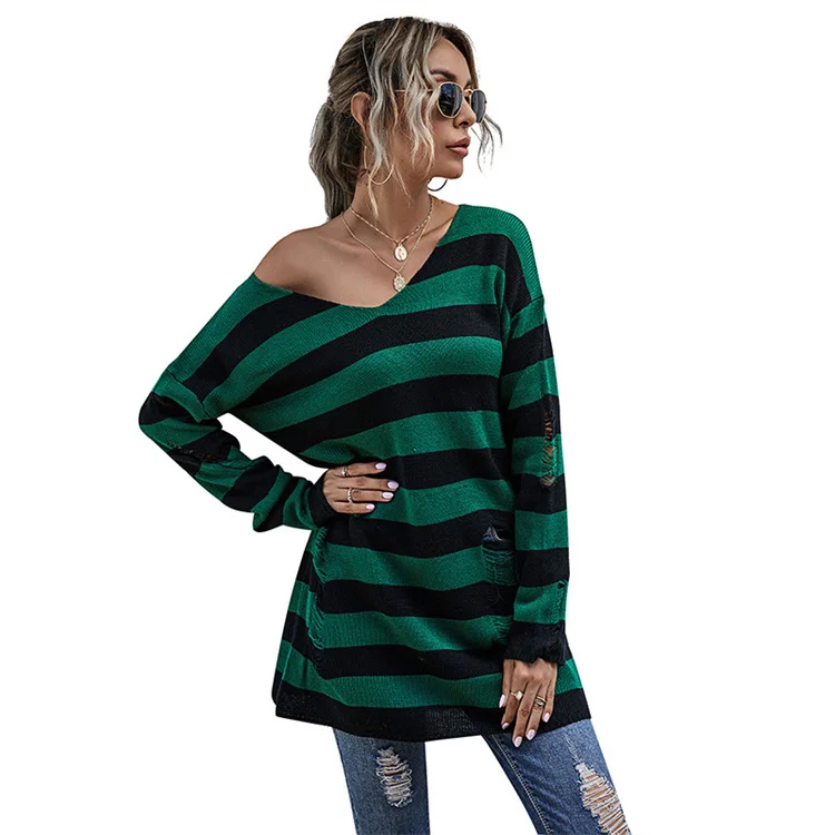 

New Dark Green Stripe Color Matching V Neck Mid-length Hollow Long Sleeve Stripe Knitting Base Sweater, Picture color