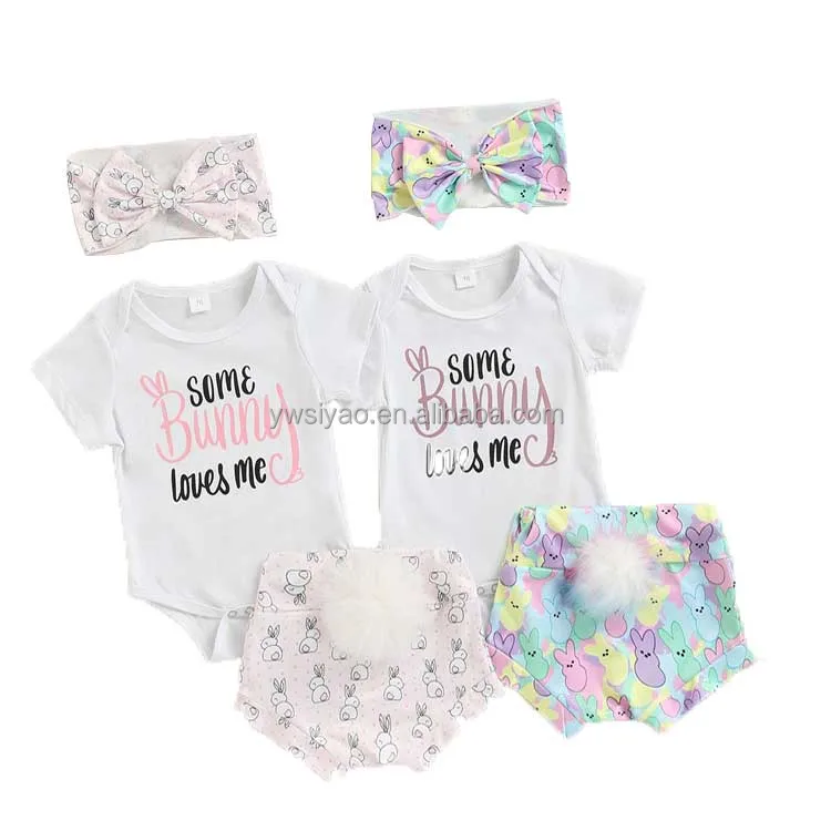 

2022 New Toddler Girl Clothes Set Short Sleeve Romper With Easter Bunny Shorts Headband Summer 3-pieces Outfits+Plush Ball, As the picture