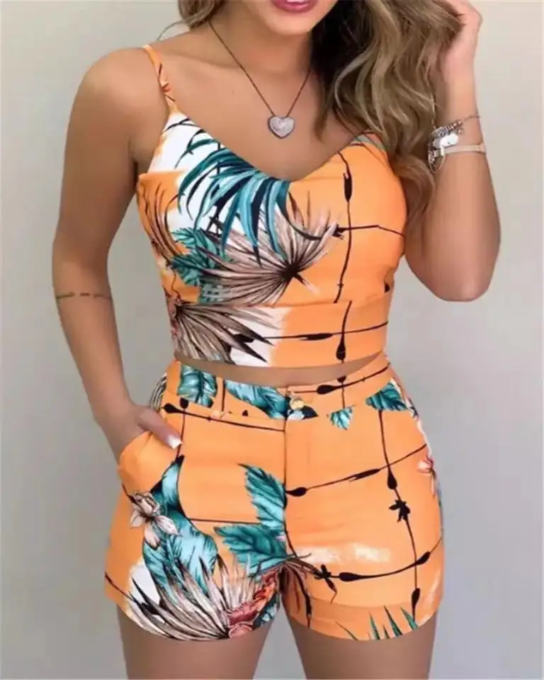 

Summer Women Fashion 2-piece Outfit Set Sleeveless Print Top and Shorts Set for Ladies Women Party wear Coldker, Picture