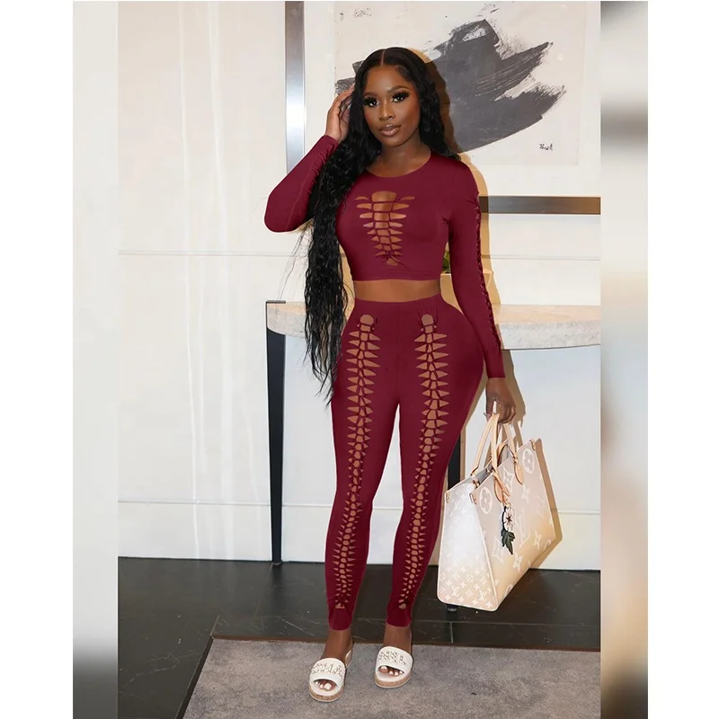 

XLL-new fashion crop top hole hollow out knitted two piece set pant suit clothes women, As picture or customized color