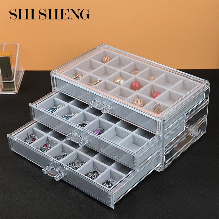 

SHI SHENG 3 Layers Tier 54 Grids Clear Gray Jewelry Shelf Organizer Velvet Trays Acrylic Transparent Jewelry Box