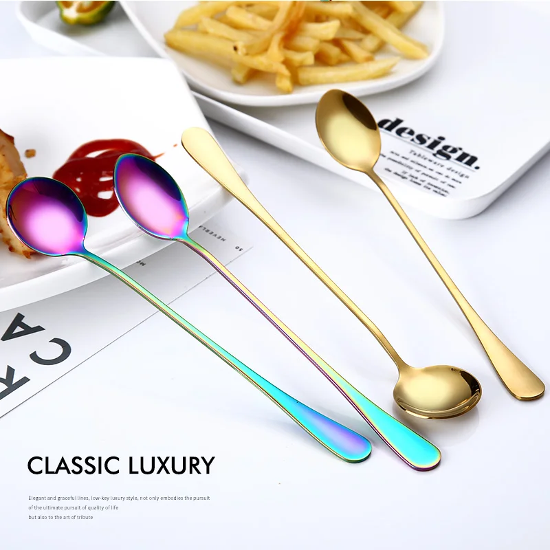 

High Quality Long Handle Stainless Steel Spoon for Tea Coffee Ice Stirring Table Spoon, Silver/gold/rose gold/multicolor/black/blue