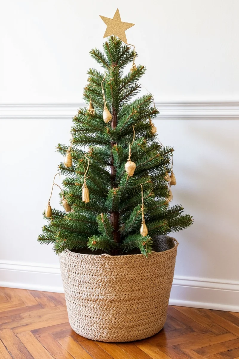 Christmas tree in a woven basket decorated with fairy lights and pine cones