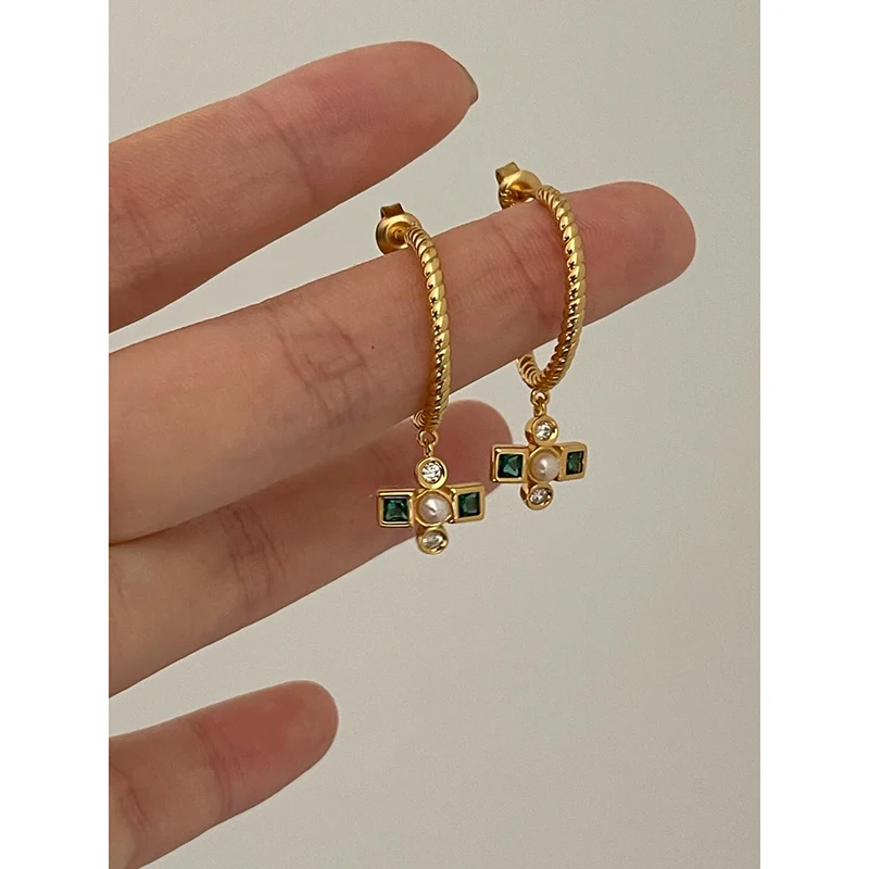 

Dainty Green Zirconia Cross Pearl Earrings Twisted 18K Gold Plated Small Hoop Earrings for Women Vintage Trendy Luxury Jewelry