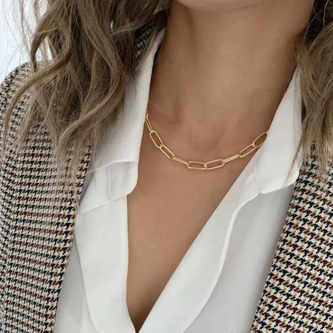 

Stainless Steel Custom 2020 Trending Chunky Wide Oval Link Chain Gold Rectangle Paperclip Chain Necklace