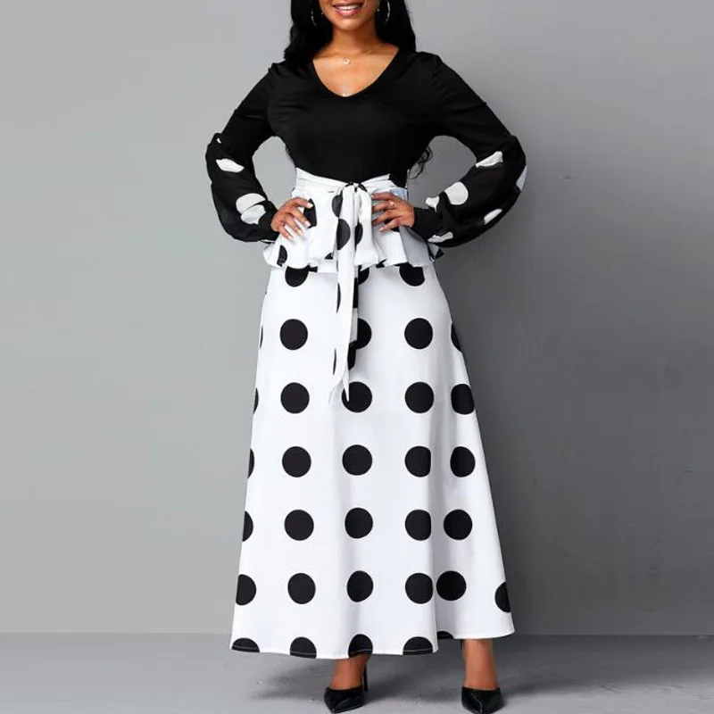 

Women's New Mesh Yarn Stitching High Waist Polka Dot Printed Long Dress