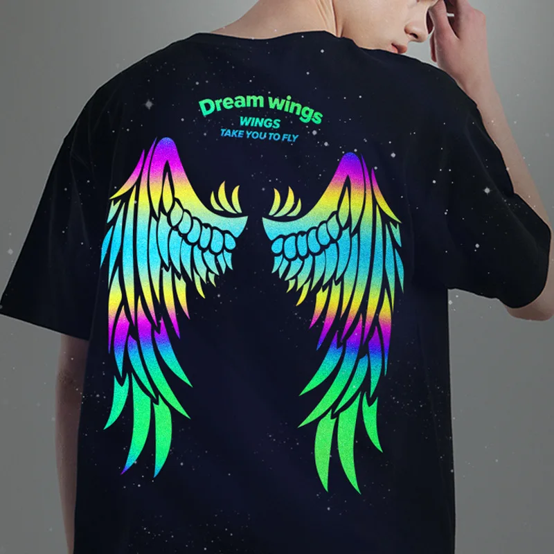 

High quality wholesale graphic black Angel wings Couples shirt custom shirts for men and women glowing t shirt, Black /golden/white