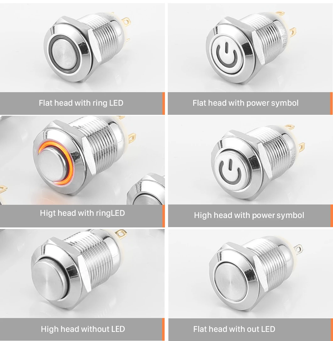 Abei 12mm Flat Round Head 2 Pin Horn Toy On Off Switch Metal Waterproof