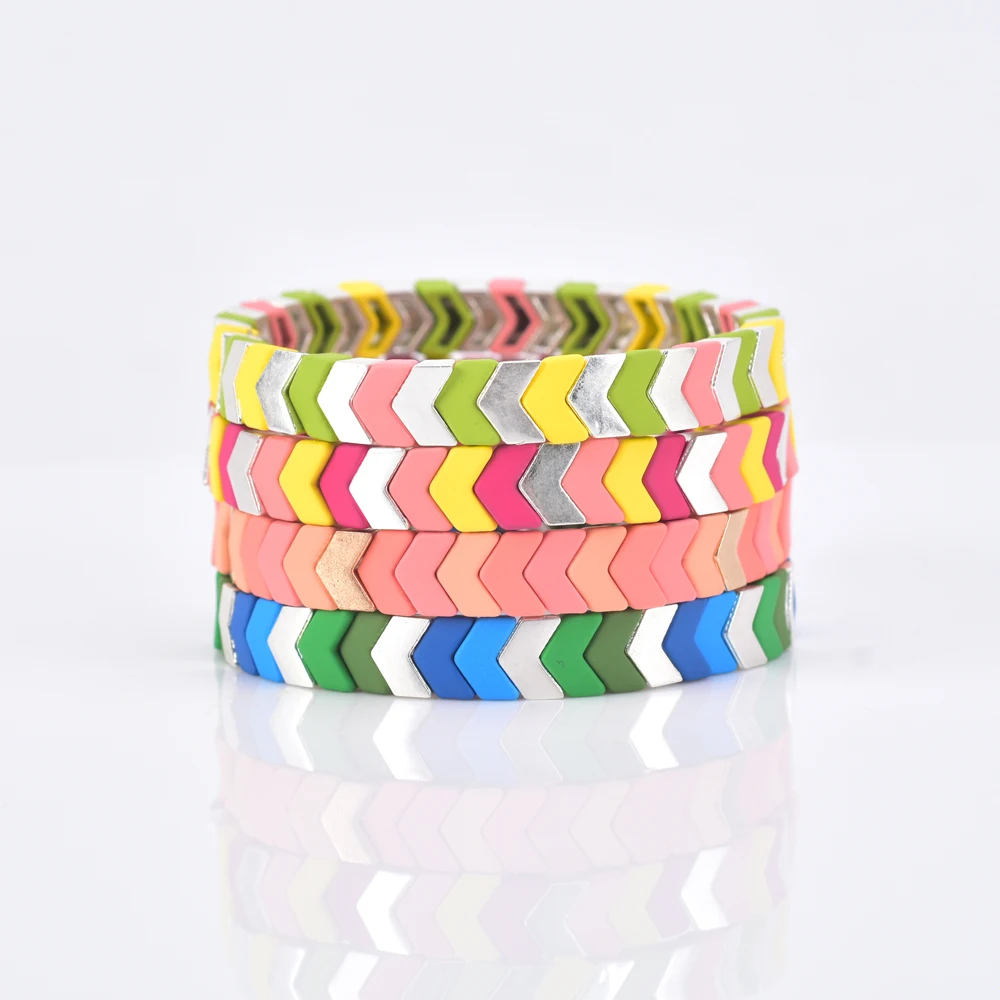 

Handmade Rainbow Bright Metal Painted Tile Bracelet Bohemian Enamel Stretch Cuff Bracelet Jewelry for Women Men, Rainbow color