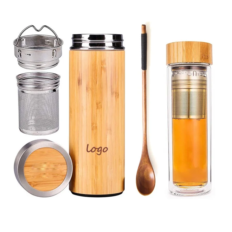 

Eco-friendly 500ml Stainless Steel Infuser Bamboo Thermos Travel Coffee Cups Water Bottles, Champagne, customized color