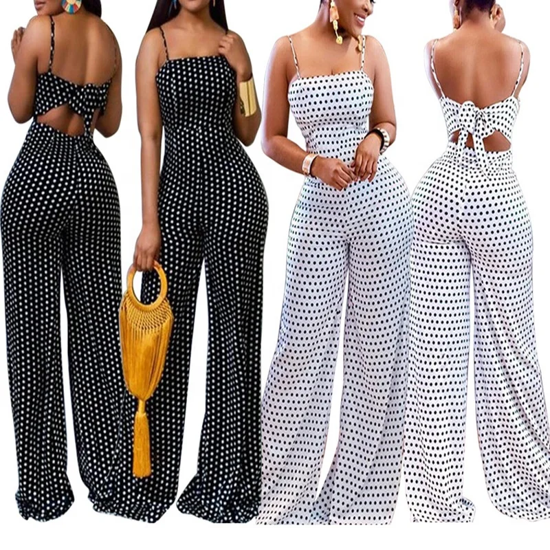 

2021 new arrivals summer polka dot print lady sexy Suspender Backless wide leg pants jumpsuit, 2 colors