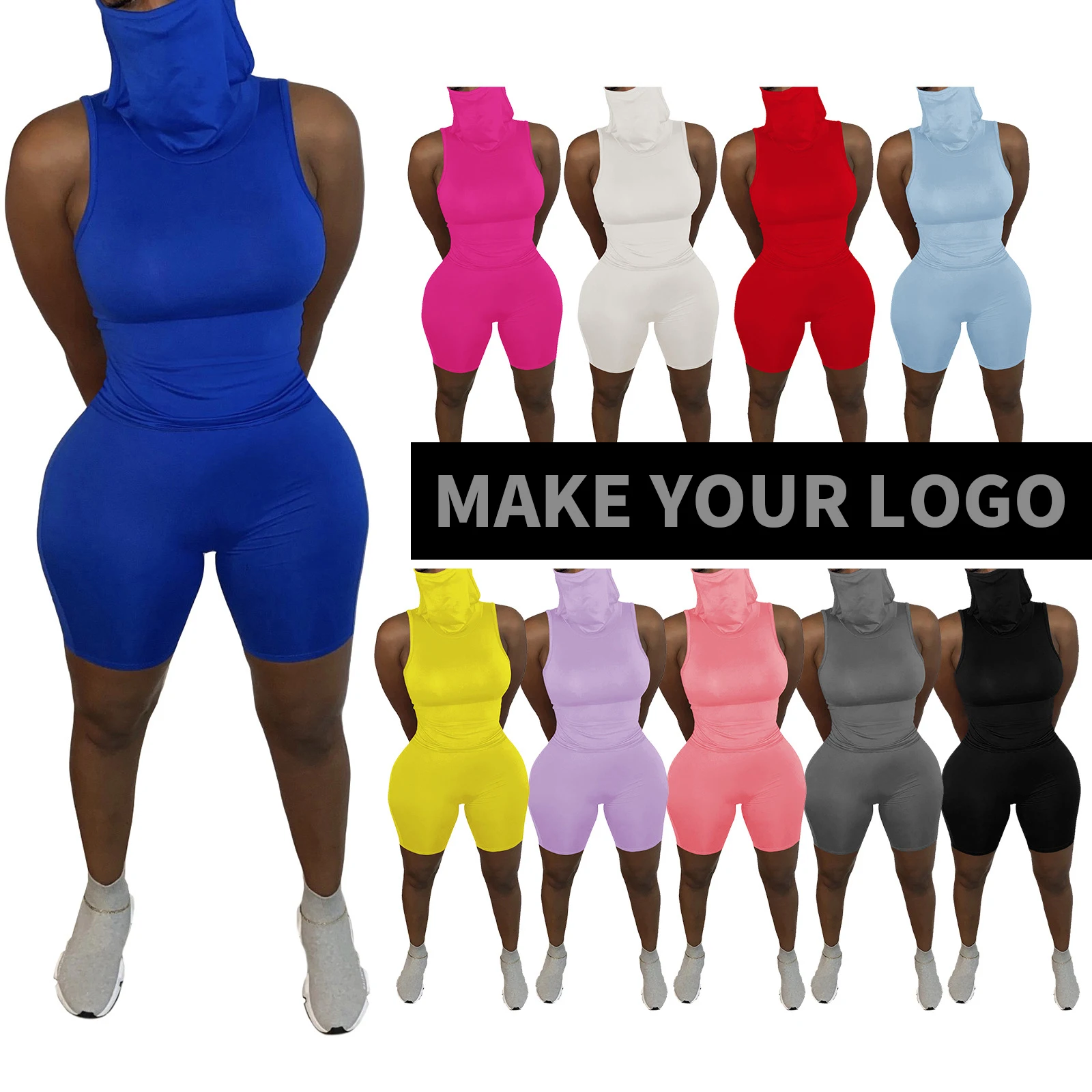 

Custom logo 2 piece short set sleeveless t shirt and short pants solid color two piece outfit workout sets women 2 piece