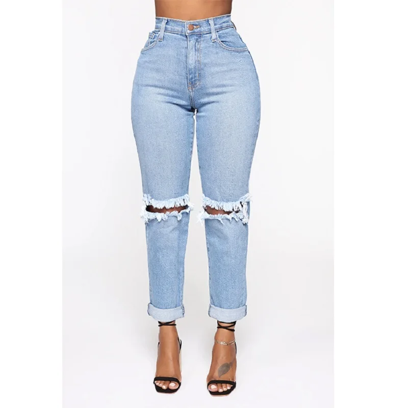 

2021 New Arrivals Womens Plus Size Denim trousers Blue Mid Waist Skinny hole Pants Denim Jeans, Spandex / cotton