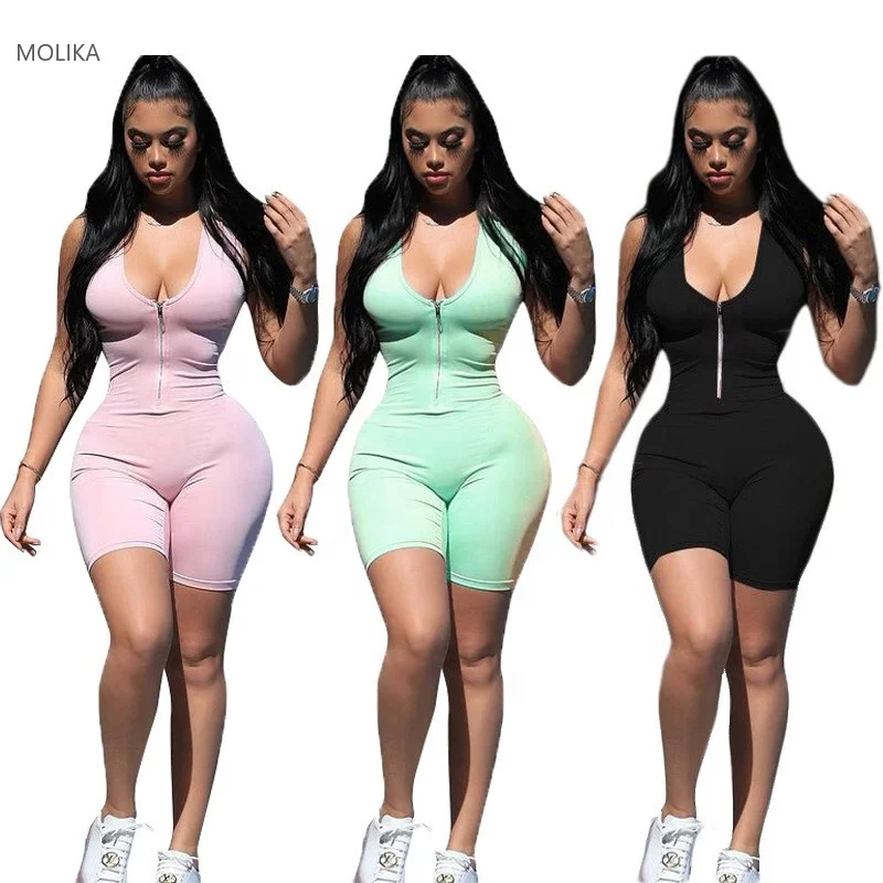 

606 New Arrivals Summer Women Clothes 2021 Solid Color Zpper V-neck Vest Women Bodysuit Sexy One Piece Shorts Jumpsuit