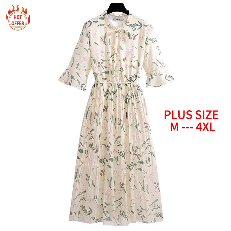 

New Design V-Neck Half Sleeve Stylish Sexy Elegant Chiffon Floral Midi Woman's Summer Casual Plus Size Dress, Green