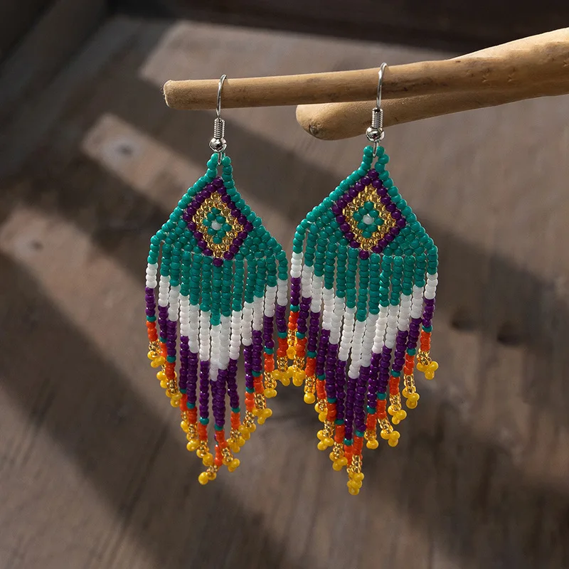 

Fashion Beach Holiday Style Handmade Boho Earrings Contrast Color Seed Beads Tassel Earrings For Women Girls