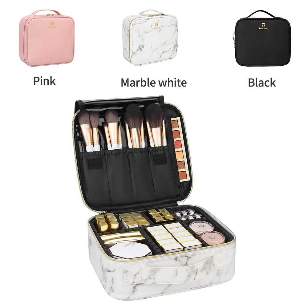 

Relavel 2021 New Luxury Portable Waterproof Train Adjustable Dividers Small Cosmetic Beauty Makeup Case For Travel, Marble white