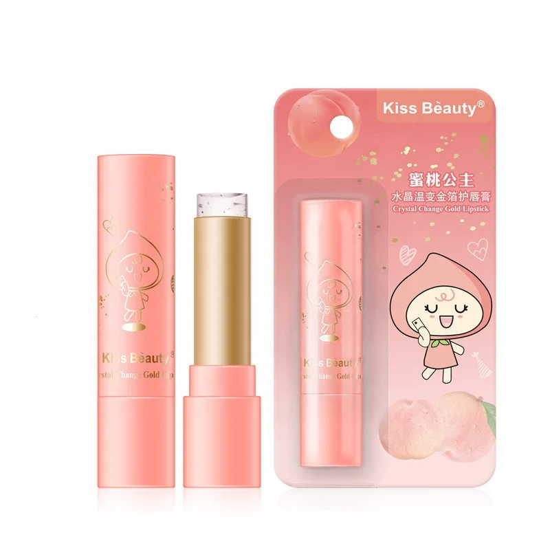 

Peach Princess Crystal Temperature Change Gold Foil Lip Balm Long Lasting Moisturizing Anti Dry Discoloration Lipstick, As picture shown