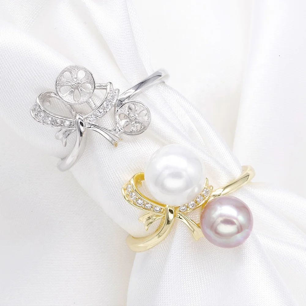 R427 7-8mm Natural Freshwater Pearl Ring Accessory 925 Sterling Silver Adjustable Size Engagement Jewelry Ring for Women