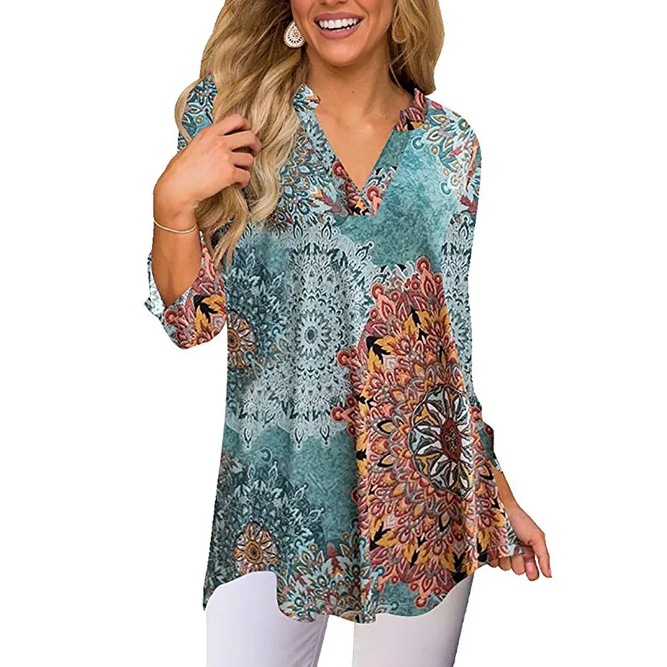 New Women Long Three Quarter Sleeve V-neck Loose Tops With Charcoal Garden Notch Neck Pin Tuck Tunic Women Blouse Women Clothing