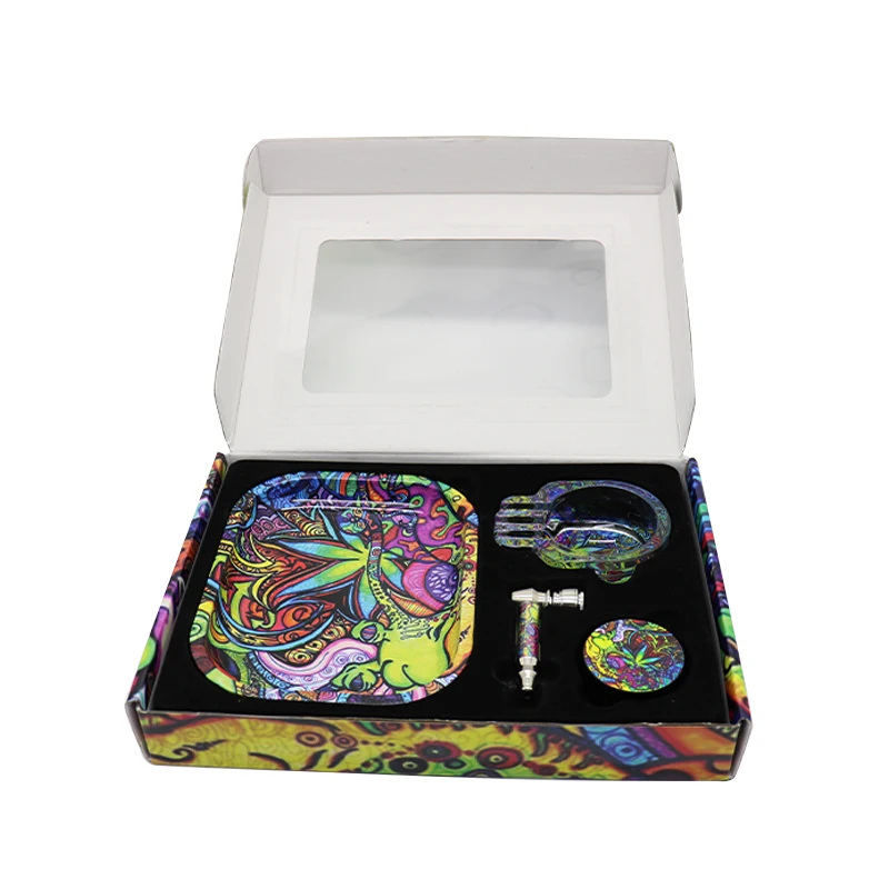 

SHINY New Product Launch Custom Rolling Tray Sets RTS Rolling Tray Set With Grinder 50mm Smoking pipe And Glass Ash tray Sets, As customer's request